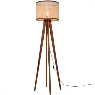 Imagem de Luminária de Chão Madri  com Pés de Madeira e Tela Indiana Borda Marrom 158cm