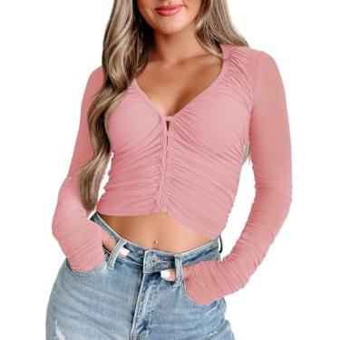 Imagem de Tankaneo Camisetas femininas de malha transparente, manga comprida, gola V, franzido com orifício para polegar, rosa, G