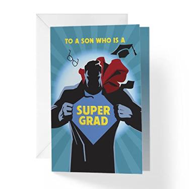 Imagem de 1Up Greetings Cartão de graduação Son | Quadrinhos Super Grad Superman Hero | 12,7 cm x 19 cm | (Cartão único e envelope)