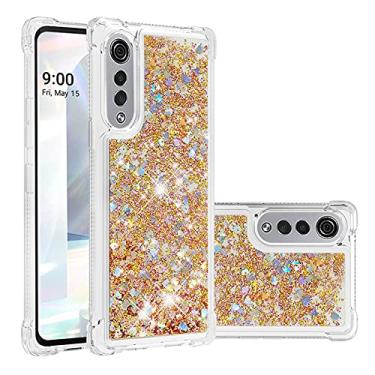Imagem de Asdsinfor Capa para celular LG Velvet 5G, Glitter Liquid Cute Clear Flowing Quicksand TPU com cinto antiqueda, canto amortecedor, capa de proteção à prova de choque para LG Velvet 5G Golden Love LSYB