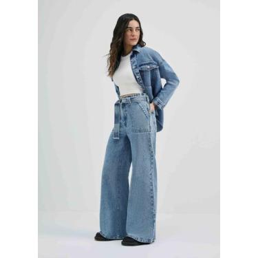Imagem de Calça Jeans Feminina Pantalona Cintura Alta Com Cinto - Hering