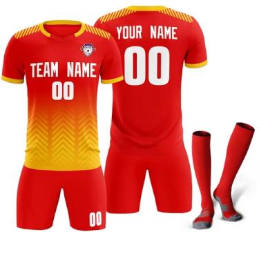 Imagem de Camiseta de futebol personalizada para homens, mulheres e crianças, camisetas e shorts de futebol personalizados com logotipo de número de nome, Vermelho e amarelo-53, One Size