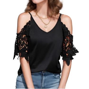 Imagem de Cnlinkco Camisetas femininas de verão com decote em V, corte de ombro vazado, renda, manga curta, cor lisa, Preto, P