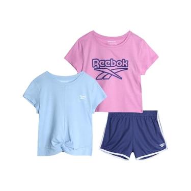 Imagem de Reebok Conjunto de shorts ativos para meninas – Camiseta de manga curta de 3 peças e shorts de ginástica golfinho de malha – Conjunto esportivo para meninas (7-12), Roxo, 10