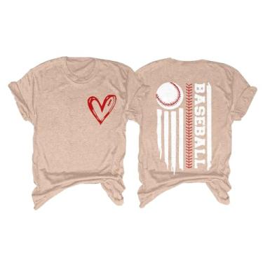 Imagem de Camiseta de beisebol feminina com estampa de coração de beisebol, manga curta, gola redonda, camiseta casual de verão, Bege, M