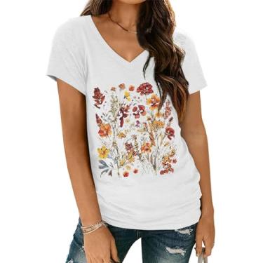 Imagem de Camisetas femininas casuais florais com estampa floral vintage, manga curta, gola V, túnica boho de verão, nº 31 - branco, M