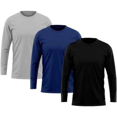 Imagem de Kit 3 Camisetas Térmicas Proteção UV Manga Longa Masculina Poliéster (BR, Alfa, M, Regular, Preto/Azul/Cinza)