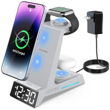Imagem de ANJANK Carregador sem fio - Estação de carregamento 4 em 1 despertador, base de carregamento para iPhone 16 15 14 13 12 11 Pro Max XR XS 8 Plus, para Apple Watch 9 8 7 6 5 4 3 2 SE, para AirPods e não