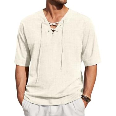 Imagem de COOFANDY Camisa masculina de algodão e linho com cadarço, manga curta, gola V, hippie, yoga, boho renascentista, túnica, Bege, 3G