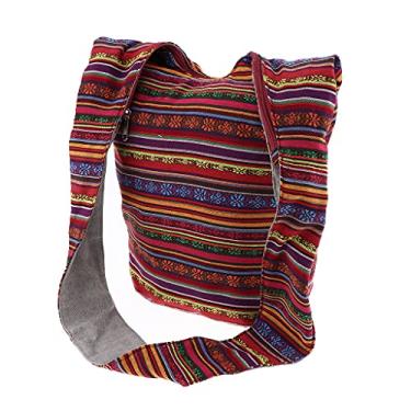 Imagem de Prettyia Bolsa de ioga tiracolo tiracolo hippie tailandesa boho fashion bolsa de algodão com listras florais, Vermelho, 35 x 18 x 32 cm, Exclusiva