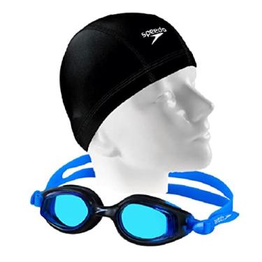 Imagem de Kit Natação Speedo Óculos Smart + Touca Xtrafit Tecido Resistente e Confortável (Óculos Azul + Touca Preta)