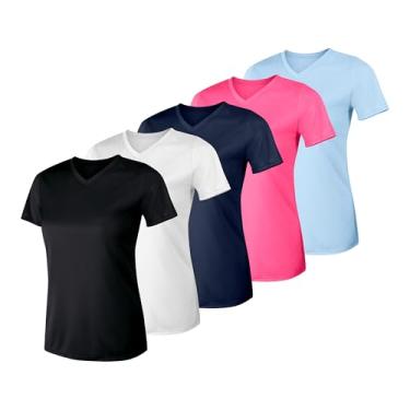 Imagem de Hanes Camiseta feminina esportiva Cool Dri gola V, camiseta de desempenho com absorção de umidade, proteção FPS 40+, pacote com 5, Preto/Branco/Azul-marinho/Rosa Uau/Azul Claro, G