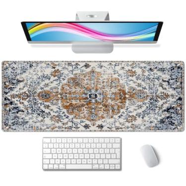 Imagem de Mouse pad para jogos, mouse pads grandes, base de borracha antiderrapante, tapete de mouse com bordas costuradas, padrão de carpete de 80 x 30 cm, design étnico, laranja, azul