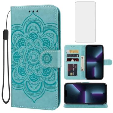Imagem de Bohefo Capa para iPhone 13 Pro, capa carteira para Apple 13 Pro com protetor de tela de vidro temperado, capa flip de couro mandala em relevo com suporte para cartão de crédito para iPhone 13 Pro,