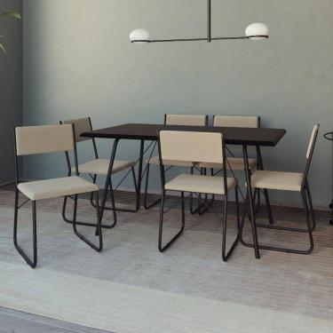 Imagem de Mesa Jantar Paraty 150cm Tampo Preto Com Cadeiras 6 Cadeiras Angra Estofadas Preta E Bege Preto