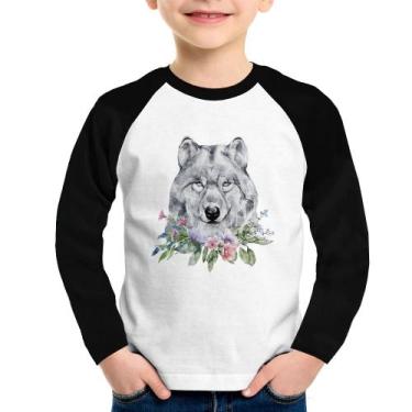 Imagem de Camiseta Raglan Infantil Lobo e Flores Manga Longa - Foca na Moda, Bra