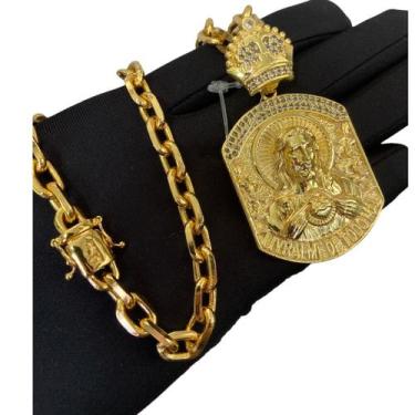 Imagem de Cordão Cadeado 8mm + Pingente Face De Jesus - Banhado a Ouro - ToJoia1