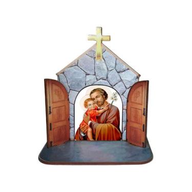 Imagem de Mini Capela Oratório Display Enfeite de Mesa São José 12cm Mdf Madeira
