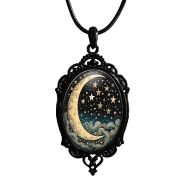 Imagem de IQIC Colar com pingente de vidro gótico feminino com pingente de sol e lua, vintage, celestial, lunar, solar, camafeu, corrente de corda gótica, acessórios de joias de bruxa mística, Large, Plástico