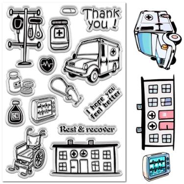 Imagem de CRASPIRE Carimbo de borracha de enfermeira selos de silicone transparente reutilizável retrô transparente dia da enfermeira hospital ambulância cadeira de rodas selos de carimbo de papel decorativo
