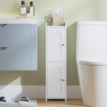 Imagem de Hzuaneri Armário de armazenamento de banheiro, armário de canto com 2 portas e prateleira ajustável, armários estreitos de papel higiênico, organizador de banheiro para espaços pequenos, branco