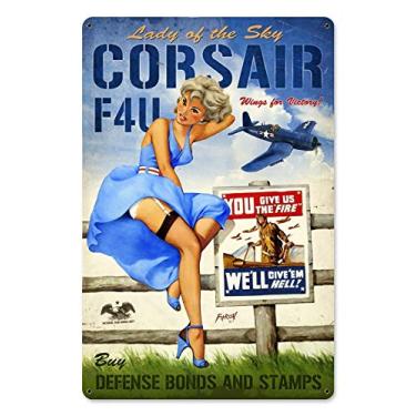 Imagem de Maizeco Corsair F4U Pin Up Girl Metal Tin Signs 8 x 12 Inch for Bar Indoor Restaurants Room Tavern Plaque Poster Personalized Wall Decor Sign