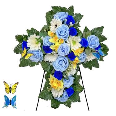 Imagem de MUVIC Guirlandas de flores de cemitério para decorações de túmulos, cruz floral memorial com suporte de cavalete, rosa azul Gerbera Narciso - 71 cm