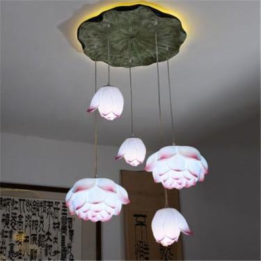 Imagem de OUFULA Luminária pendente de lótus contemporânea chinesa retrô criatividade sala de estar restaurante quarto villa hotel decoração led lustre (Pink 5 lights)