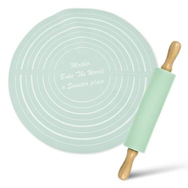 Imagem de BangBoom Conjunto de tapete de silicone, rolo de massa de 33 cm com folha de pastelaria antiaderente, pequeno rolo de fondant redondo para pão, torta de biscoito, pizza, massa fermenta, cozinha (verde