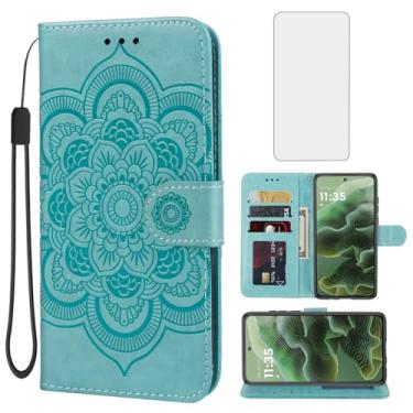 Imagem de Bohefo Capa para Moto G35, capa carteira Motorola G35 5G com protetor de tela de vidro temperado, capa flip de couro mandala com suporte para cartão de crédito para Motorola Moto G35 verde