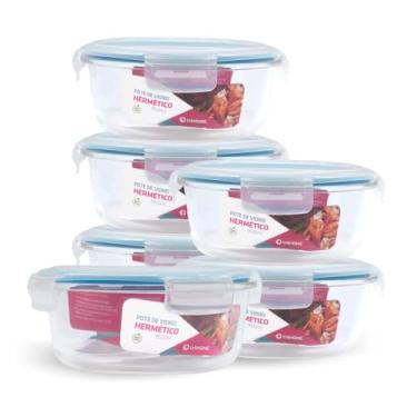 Imagem de Kit 6 Potes de Vidro Redondo com Tampa Hermética 950ml (Azul)