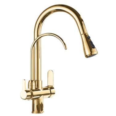 Imagem de Torneira de cozinha com filtro de água 2 em 1, torneira de purificação de cozinha de latão antigo, torneira giratória de 2 vias, dourada B