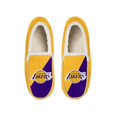 Imagem de FOCO NBA Pantufa mocassim unissex para adultos, oficialmente licenciada, com logotipo principal e forro de sherpa, Los Angeles Lakers, 13-14 Women/11-12 Men