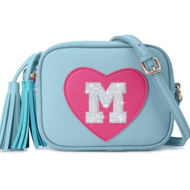 Imagem de OYLOLA Presentes de aniversário para meninas, inicial, bolsa infantil, bolsas infantis, presentes para meninas, bolsas de coração para meninas, Azul, M