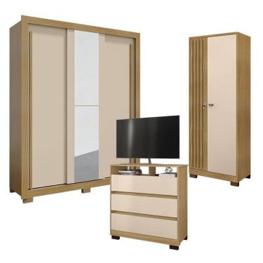 Imagem de Guarda Roupa Solteiro Nevoa Flex com Espelho 3 Portas com Cômoda Vegas e Armário Multiuso Versátil com Chave Carvalho Americano Off White - Incorplac