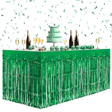 Imagem de Pacote com 2 saias de mesa verdes, saias de mesa de 73,7 x 274,3 cm de folha metálica com franjas para mesas retangulares, cortinas de flâmula, pano de fundo, decorações de festa para aniversários,