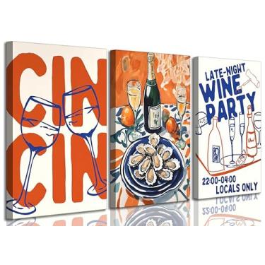 Imagem de 3 peças de arte de parede retrô maximalista cozinha vintage comida de vinho engraçado moderno Cin Cin Cheers Bar carrinho pintura imagem decoração de parede pôster impressão arte para sala de estar,
