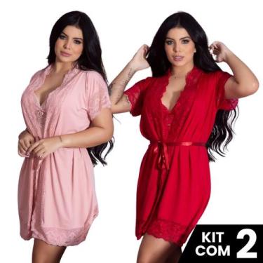 Imagem de Kit 2 Robes Roupão e 2 Camisolas Amamentação Pós Parto Liso Com Renda 