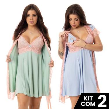 Imagem de Kit 2 Robes Roupão e 2 Camisolas Amamentação Pós Parto Liso Com Renda 
