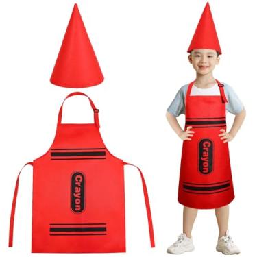Imagem de Conjunto de 2 peças de avental de giz de cera colorido e chapéus de cone engraçados, conjunto de fantasia de giz de cera escolar para fantasia divertida de giz de cera, Vermelho, Standard