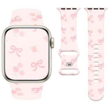 Imagem de Watbro Pulseira de relógio Bowknot compatível com Apple Watch de 38 mm, 40 mm, 41 mm, 42 mm, 44 mm, 45 mm e 49 mm, feminina e masculina, design de pulseira esportiva fofa de silicone macio para Apple