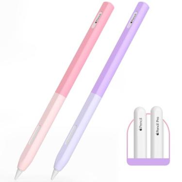 Imagem de AZF Capa de cor gradiente para Apple Pencil Pro e Apple Pencil 2ª geração, capa de silicone dividida, conforto perfeito, carregamento magnético e toque duplo. (rosa + roxo)