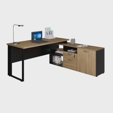 Imagem de Mesa para Escritório Diretor em L Dinâmica com Armário Lateral Pé Metálico