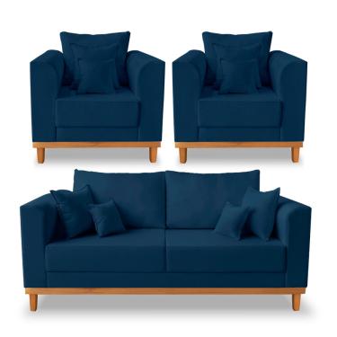 Imagem de Kit Sofá 3 Lugares e 2 Poltronas Beny Viena Com Almofadas Decorativa Linho Azul - Madei...