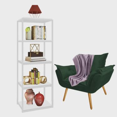Imagem de Kit Poltrona Fatte com Manta Soft Lilás e Estante Livreiro Ferro Branco mdf Branco Suede Verde Musgo - Ahazzo Móveis