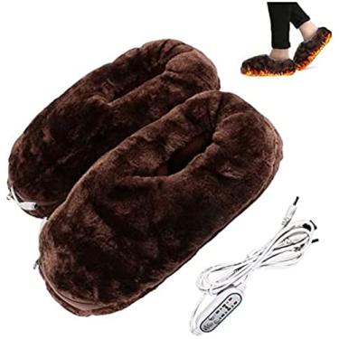 Imagem de Aquecedor De Pés Elétrico Aquecedor USB Sapatos De Aquecimento Com 3 Temperaturas E 3 Temporizadores De Pelúcia Macia Mulheres Homens Chinelos De Casa Para Escritório De Inverno Em Casa,Marrom