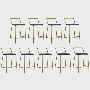 Imagem de Kit 09 Banqueta Alta Com Encosto Mili Industrial Cozinha Bistrô Ferro Dourado Sintético Azul Turquesa - Ahz Móveis