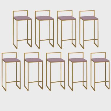 Imagem de Kit 09 Banquetas Alta Com Encosto Lino Industrial Balcão Bistrô Ferro Dourado mdf Madeira Rose Gold - Ahz Móveis