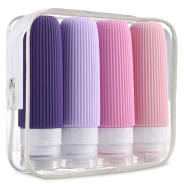 Imagem de Kit de Frascos de Viagem para Cosméticos, 4 Peças, Design Canelado, Recipiente de tamanho de viagem de silicone squeezable à prova de vazamento, Cores Neutras (Roxo)