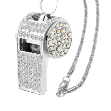 Imagem de TRBSXRT Apito de strass de cristal brilhante para treinadores - Apito esportivo com corrente, apito de metal com glitter para treinadores, árbitros e oficiais (prata)